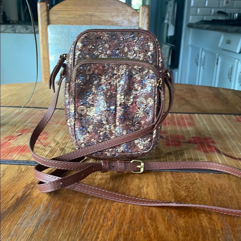 American Leather Co. Brown Leather Floral Glitter Crossbody Bag